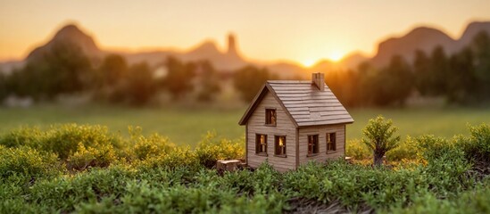 Small wooden house sloping Wooden model house placed