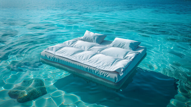 Bed floating in middle of water, tropical ocean around, vacations and holiday