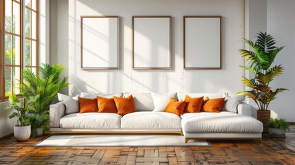 A modern living room features four empty vertical picture frames on the wall above a white sofa with orange cushions. The room is filled with natural light and decorated with green plants.