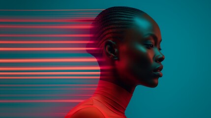 Striking Image of a Woman with Vibrant Red and Blue Light Streaks Symbolizing Speed, Sport, and Modern Technology