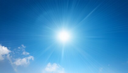 Fototapeta premium Sun light flare on blue sky background. Vector sunny summer background with sunbeams