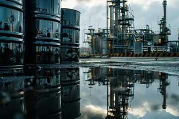 Obraz premium Dramatic sunrise industrial landscape with black oil barrels, metal towers, and silos