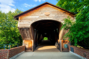 A front view of the Old Salem Covered Bridge in Winston Salem, North Carolina.