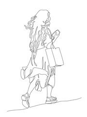 Woman with long hair, shopping bag walking away and holding phone. Back view. Continuous line drawing. Black and white vector in line art style.