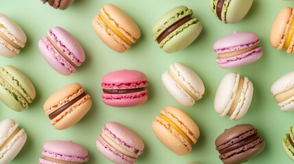 A row of colorful macaroons with different flavors. A sweet treat, a type of almond cookie in close-up.