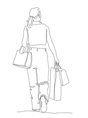 Woman with shopping bags walking and looking right. Back view. Continuous line drawing. Black and white vector illustration in line art style.