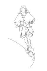 Woman riding electric scooter. Wear mini skirt.  Continuous line drawing. Black and white vector illustration in line art style.