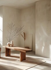 Minimalist Interior Design with Wooden Bench and Natural Light