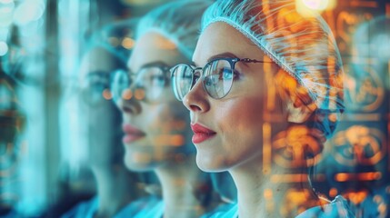 Double exposure image of a medical team member in scrubs and glasses. The image overlays medical schematics, highlighting technology in healthcare.