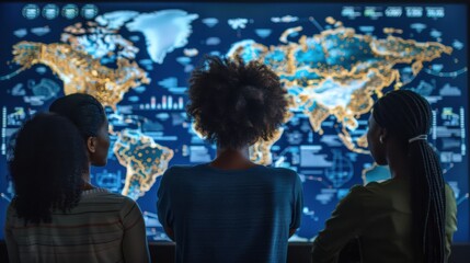 Three people stand in front of a large digital world map displaying global data and connections, highlighting an interactive and advanced digital interface.