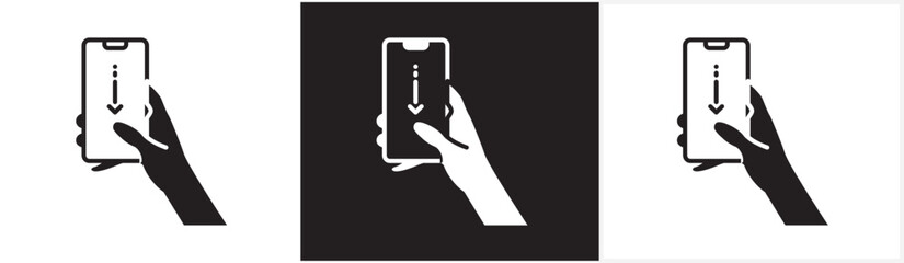 Scroll down screen icon, flat icon of finger touching phone screen and phone scrolling, finger gesture icon scrolling smart phone screen, tapping screen icon vector in black, white and transparent.