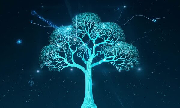 A tree with a blue trunk and branches. The tree is surrounded by a dark blue background
