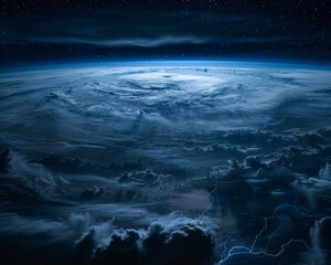 Fototapeta premium Space view of thunderstorms, cyclones, catastrophic lightning, weather natural disasters concept