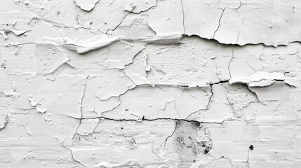 Fototapeta premium Aged white plastered wall with cracked texture in monochrome. Distressed concrete wall. Weathered brick wall.