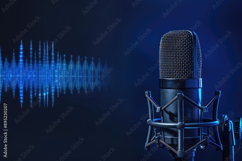 Poster a microphone with sound waves visible