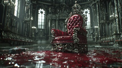 Fototapeta premium A cinematic 8K illustration of a lavish throne in a dark, gothic cathedral. The red carpet leading to the throne is soaked, creating an ominous atmosphere.