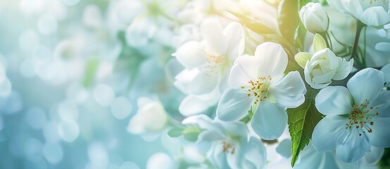 Obraz premium Beautiful blooming white flowers in spring nature background with copy space, banner design. Minimalist style, springtime concept. Generative AI.