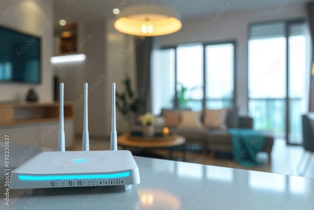 Poster a white router sits on top of a counter, ready to use