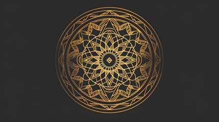 Ornate geometric mandala with an eye-like central shape and gold lines on a dark background