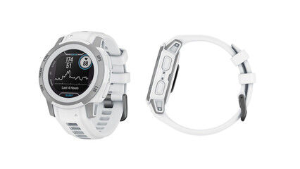 Closeup of white sport smartwatches isolated on white background.