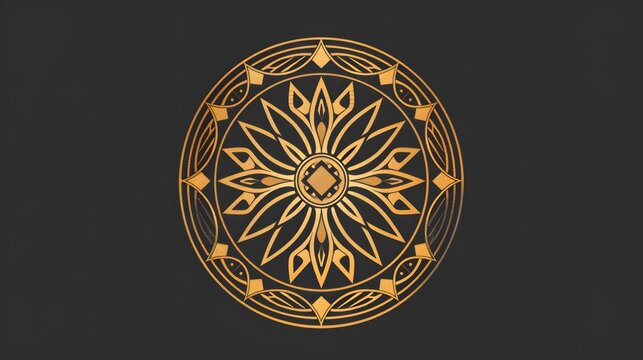 Ornate geometric mandala with an eye-like central shape and gold lines on a dark background