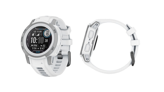 Closeup of white sport smartwatches isolated on white background.