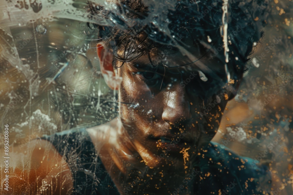 Poster a person standing by a window with rain pouring down