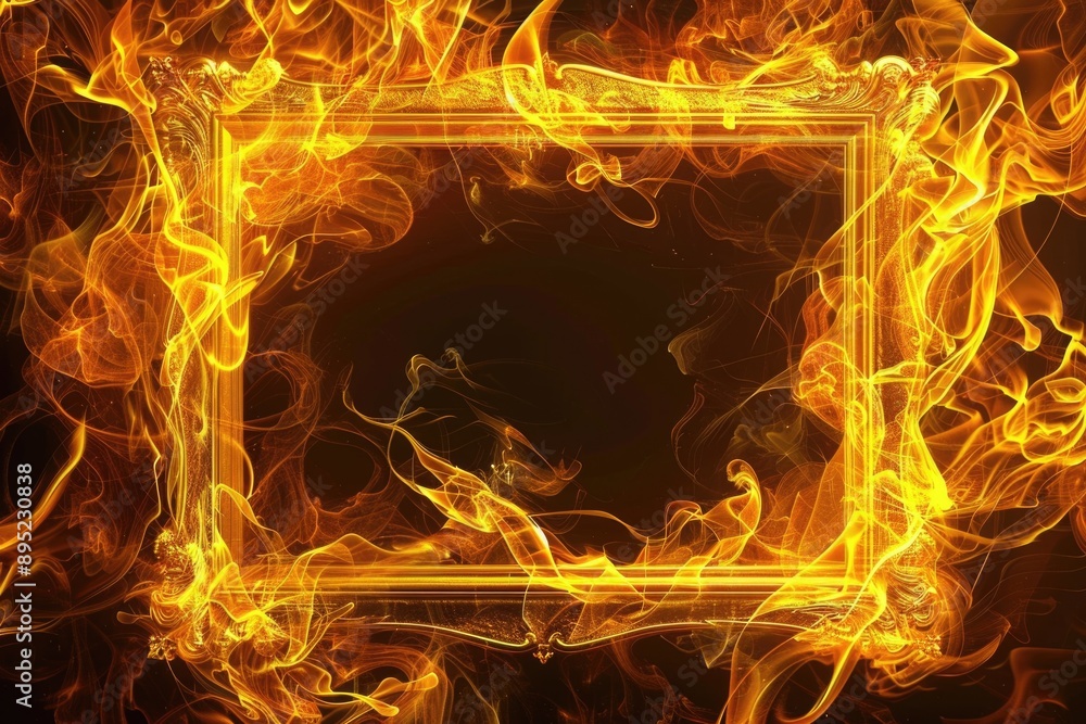 Poster A flame burns brightly within a rectangular frame on a dark, black background