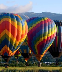Colorful Hot Air Balloons Flying Over Mountain Landscape
