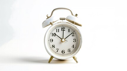 Close-up of white alarm clock on white background. Generative AI.