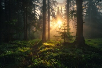 Obraz premium An autumn forest scene with rays of warm light in the middle of the forest.