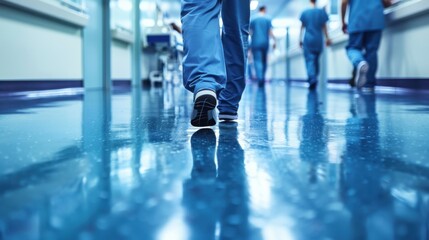 Fototapeta premium A motion-blurred photograph showing the interior of a hospital corridor with medical staff walking along a shiny, reflective floor.