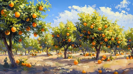 An orange grove under a blue sky, with trees full of oranges.