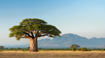 Fototapeta premium Majestic Baobab Tree in African Savannah with Mountains in the Background and Clear Blue Sky 