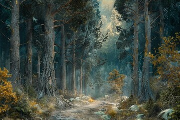 Obraz premium An interesting tree lies at the end of the trail in a dark, foggy forest. The light is coming from the left.