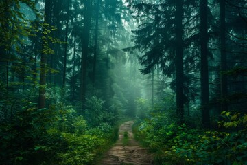 Fototapeta premium A haunting forest trail through fog with silhouetted trees and hard light coming from the right. A horror landscape.