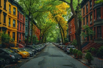 Fototapeta premium A serene urban street scene lined with colorful brownstone buildings and parked cars beneath a canopy of lush, green trees, capturing the harmonious blend of city life and nature