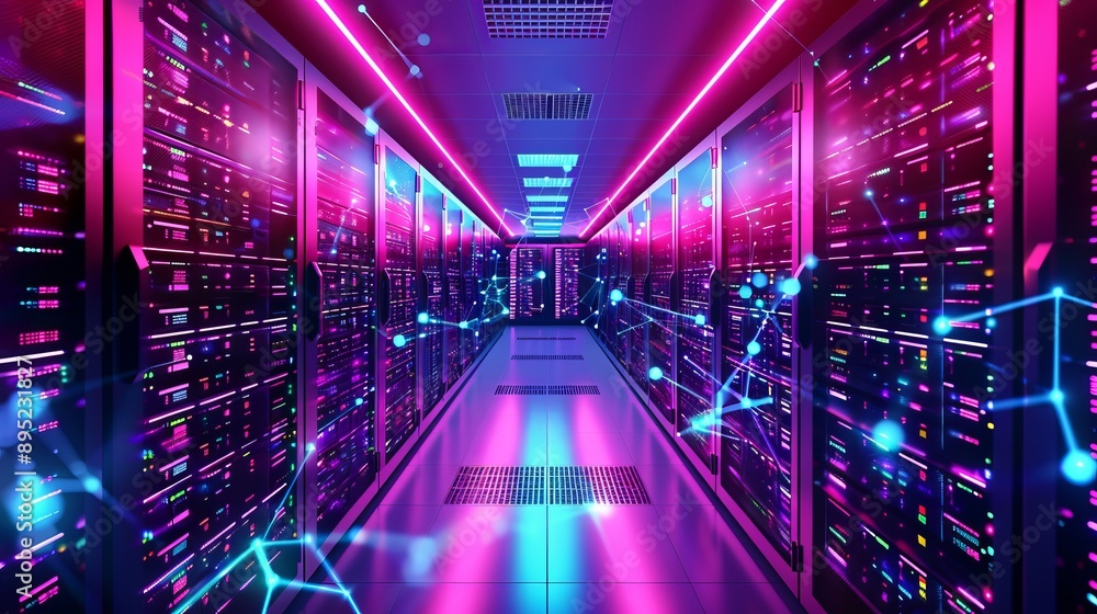 Poster bright background with neon lines representing the internet, servers, and big data. it suggests a hi