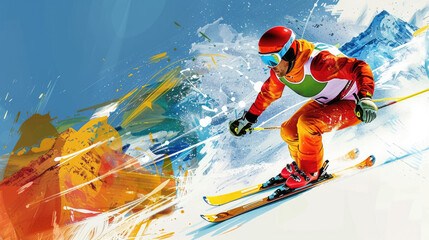 A Skier Gracefully Descends a Snow-Covered Mountain Slope, Surrounded by a Vibrant and Colorful Abstract Art Background