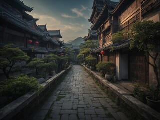Cobblestone pathway winds through ancient town, flanked by multi-storied wooden buildings adorned with red lanterns. Intricate carvings on wooden facades, tiled roofs evoke historical china.