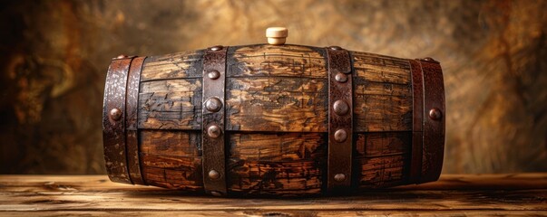 A close-up image of a vintage wooden barrel with rustic metal bands and a wooden cork, showcasing the craftsmanship and history of traditional barrel-making for beverages