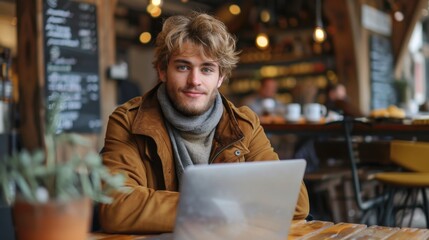 Obraz premium Young man working on a laptop in a cozy cafe with a warm ambiance. The background features wooden elements and menu boards.