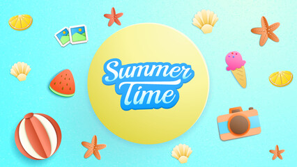 Summer holiday with paper cut style symbols and icons for greeting cards. Invitation background. Ideal for advertising, banners, cards, stickers, badges and illustration designs.