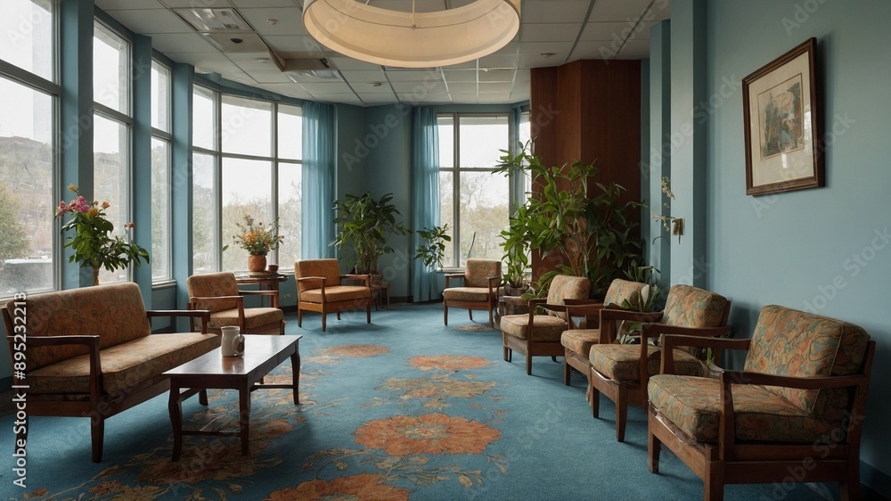 Poster spacious room with large windows allowing ample natural light, furnished with multiple seating arran