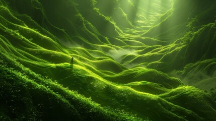 An abstract green landscape with vibrant, undulating hills bathed in sunlight. The scene evokes a serene, otherworldly atmosphere.