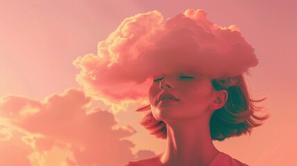 A vintage-style abstract collage portrait of a faceless person with short hair, set against a dreamy pink and orange sky with clouds.
