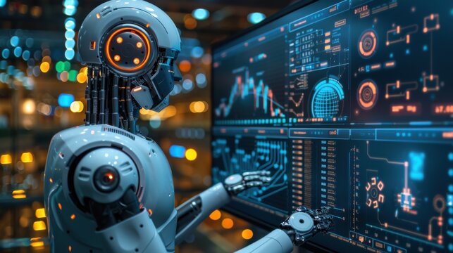 A humanoid robot interacts with multiple computer monitors displaying complex data, indicating an advanced robotics environment focused on data analysis or monitoring.