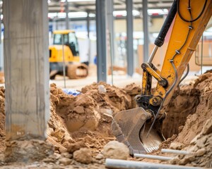 Fototapeta premium Crawler excavator using backhoe to dig soil at construction site, excavation vehicle in action
