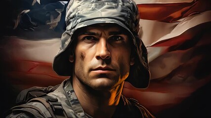 A man American soldier military marine stands against the background of the American flag as a symbol of independence. Face close-up