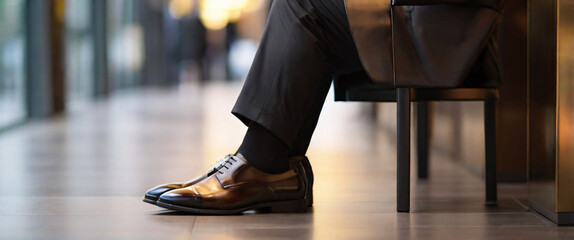 Fototapeta premium Close up of business peoples legs waiting for a job interview. Hiring and recruitment concept